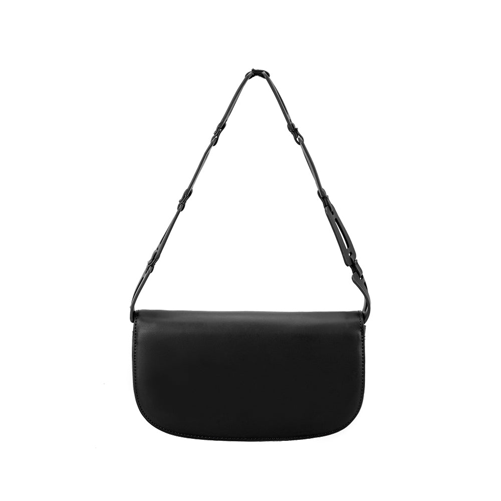 A small black recycled vegan leather shoulder bag with a scallop strap. 