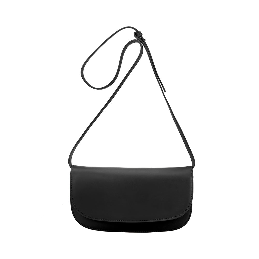 A small black recycled vegan leather shoulder bag with scallop strap.
