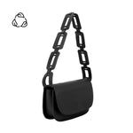 A small black recycled vegan leather shoulder bag with scallop strap. 