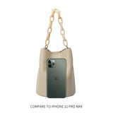 An iphone 11 pro size comparison image for a small recycled vegan leather crossbody bag with a acrylic chain. 