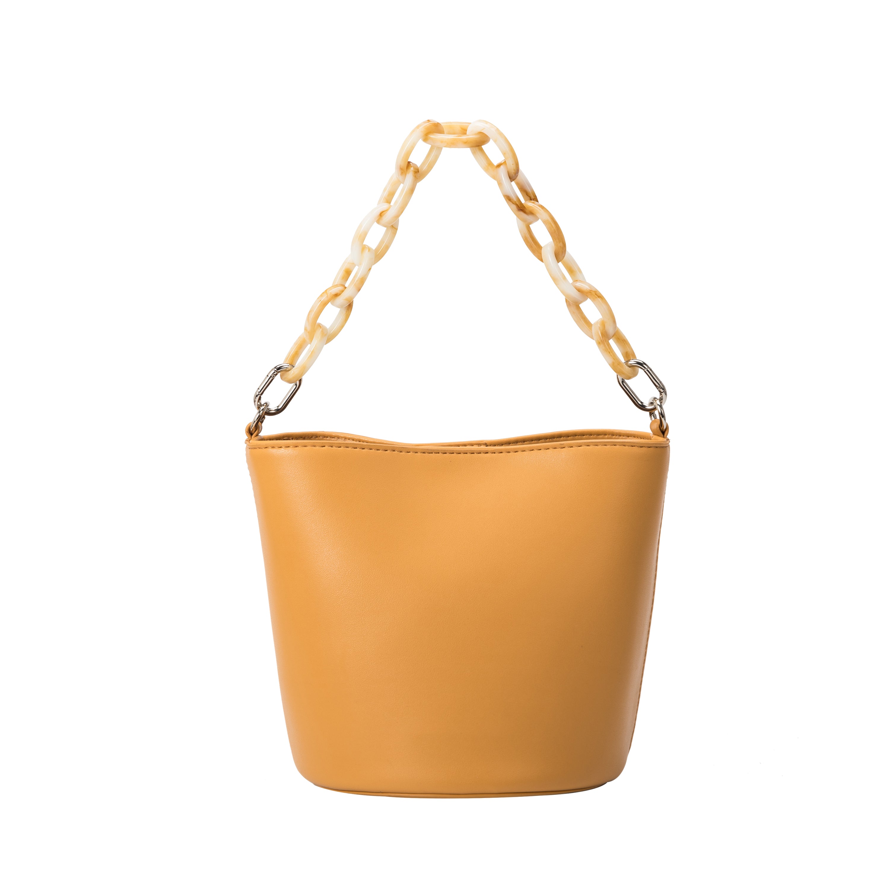 A small mango vegan leather crossbody bag with acrylic chain. 