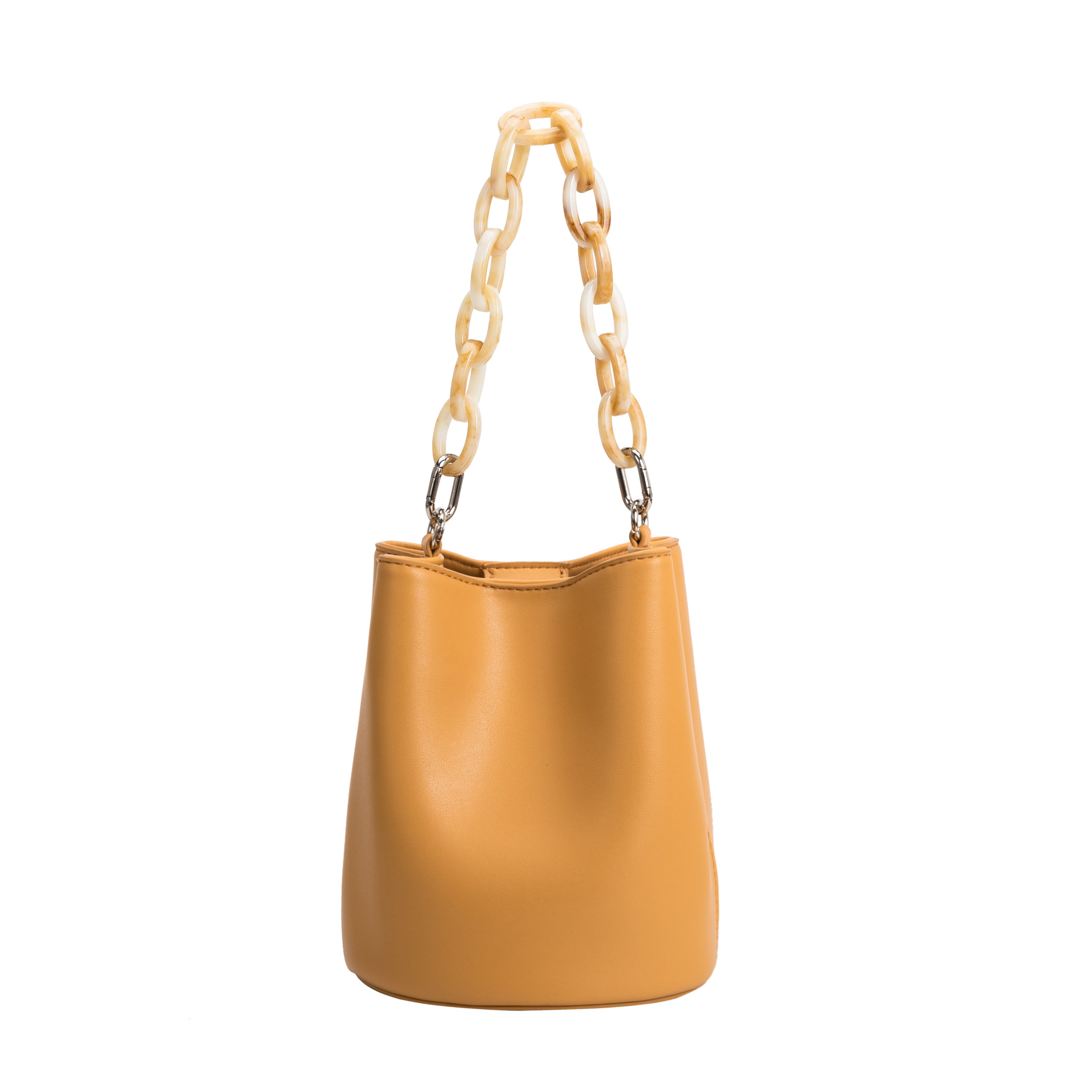 A small mango recycled vegan leather crossbody bag with an acrylic chain. 