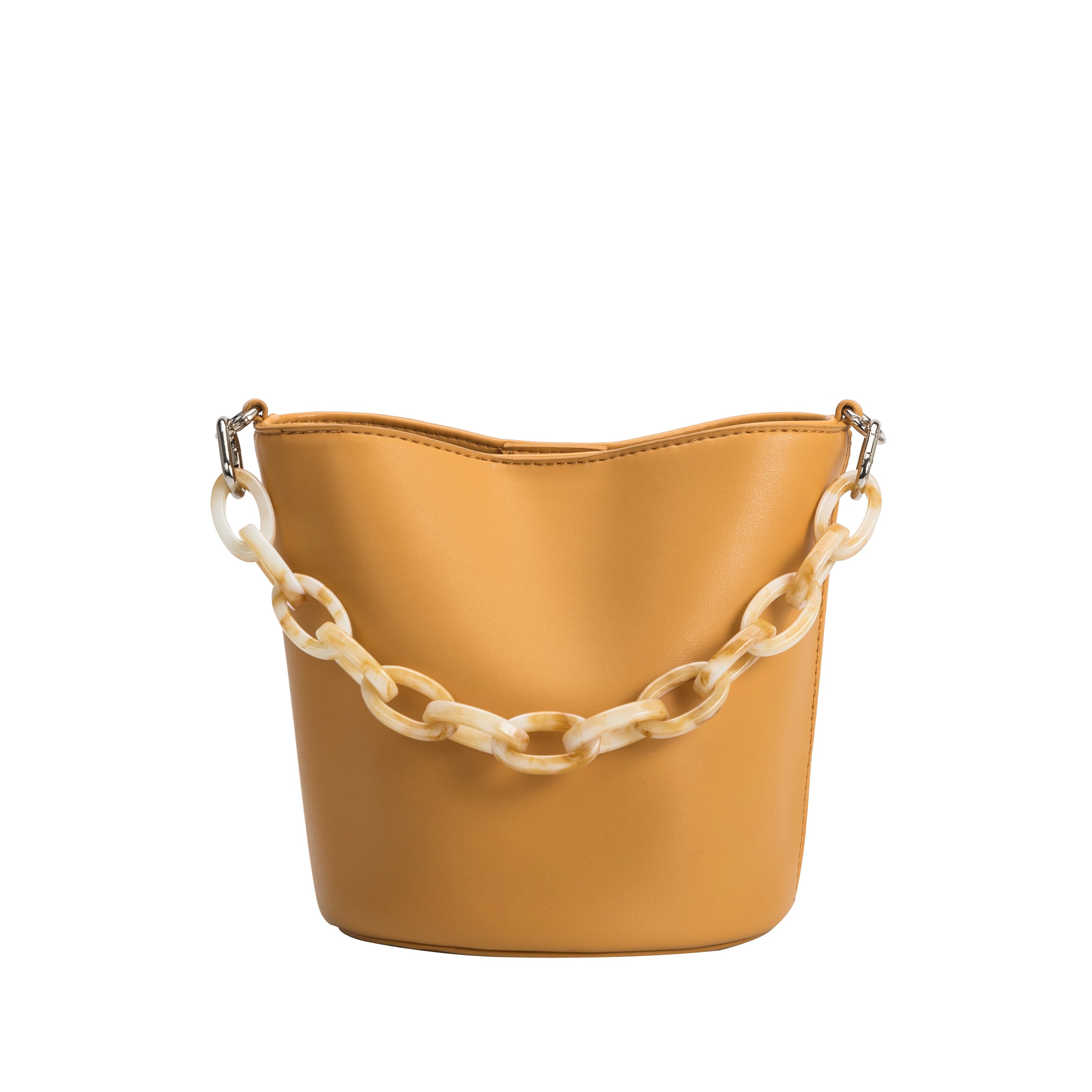 A small mango recycled vegan leather crossbody bag with acrylic chain. 