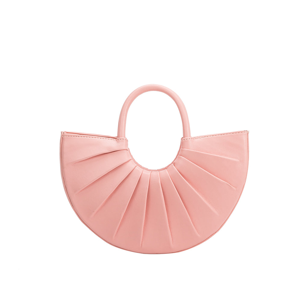 A small pink semi circle vegan leather top handle bag with pleated detail
