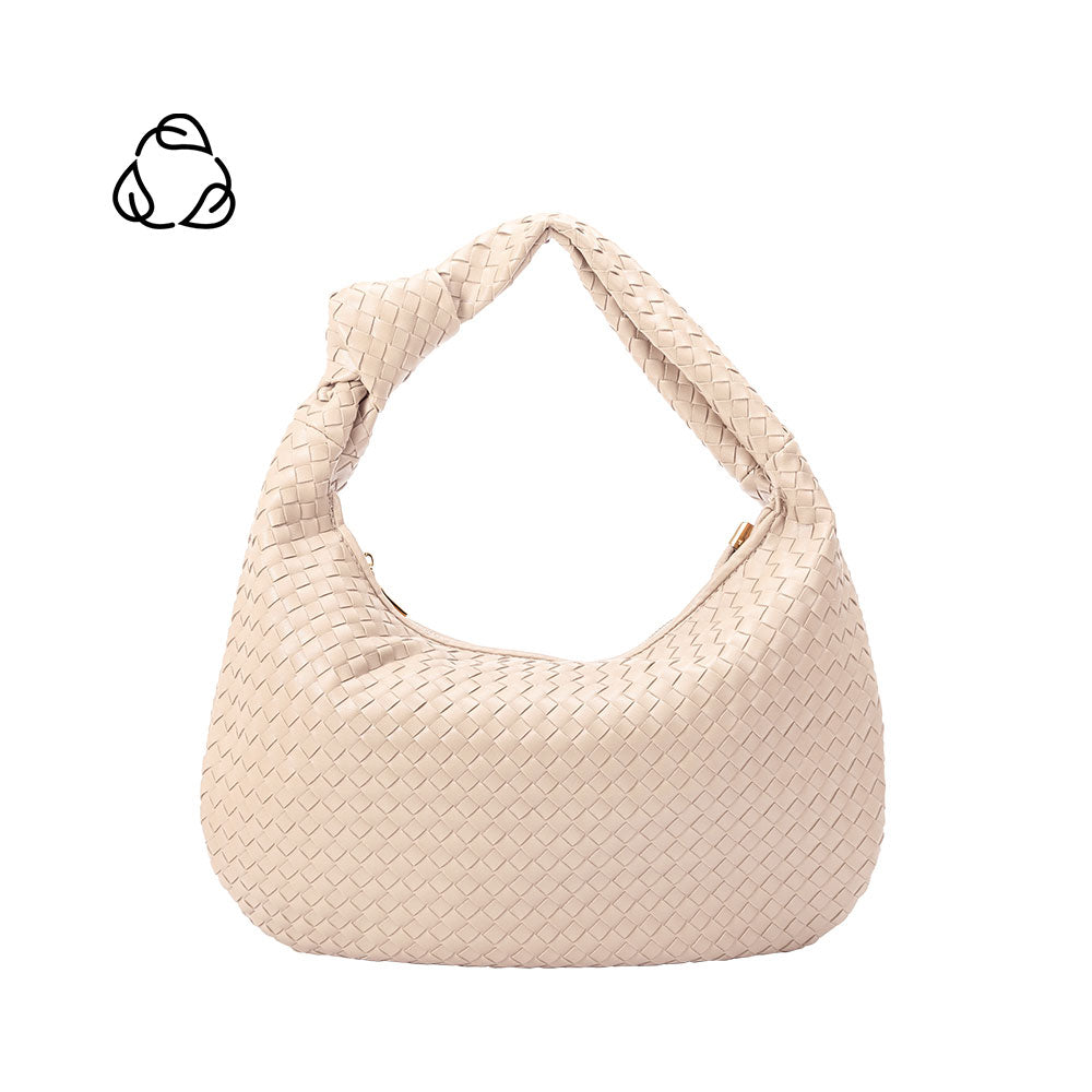 A ivory recycled vegan leather shoulder bag with a knot. 