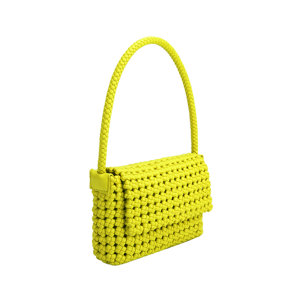 A small lime crocheted recycled vegan leather shoulder bag.