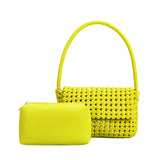 A small lime crocheted recycled vegan leather shoulder bag with a zip pouch.