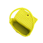 A small lime crocheted recycled vegan leather shoulder bag.