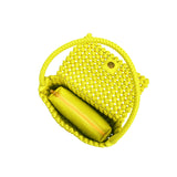 A small lime crocheted recycled vegan leather shoulder bag with a zip pouch inside. 
