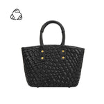 A small black recycled vegan leather woven crossbody bag with a wrapped handle. 