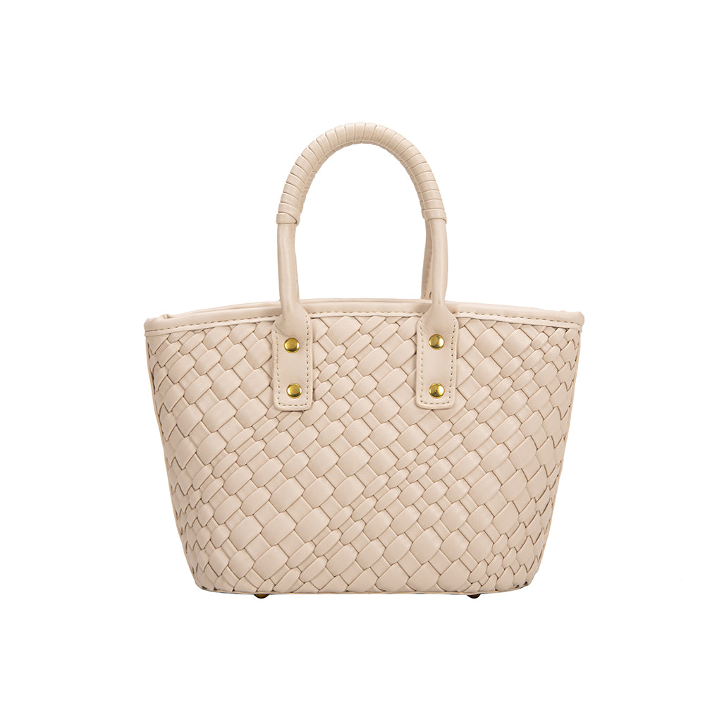 A small bone woven vegan leather crossbody bag with a wrapped handle.