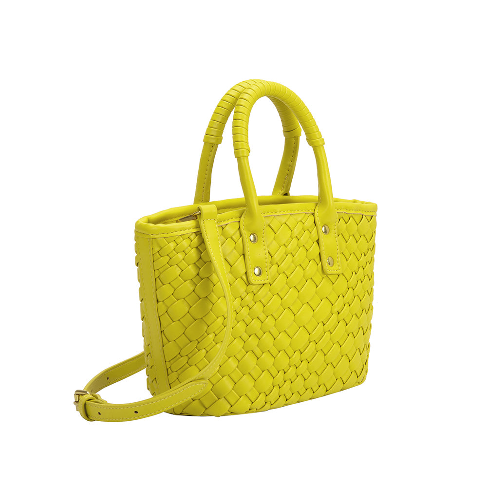 A small lime woven vegan leather crossbody bag with a wrapped handle. 