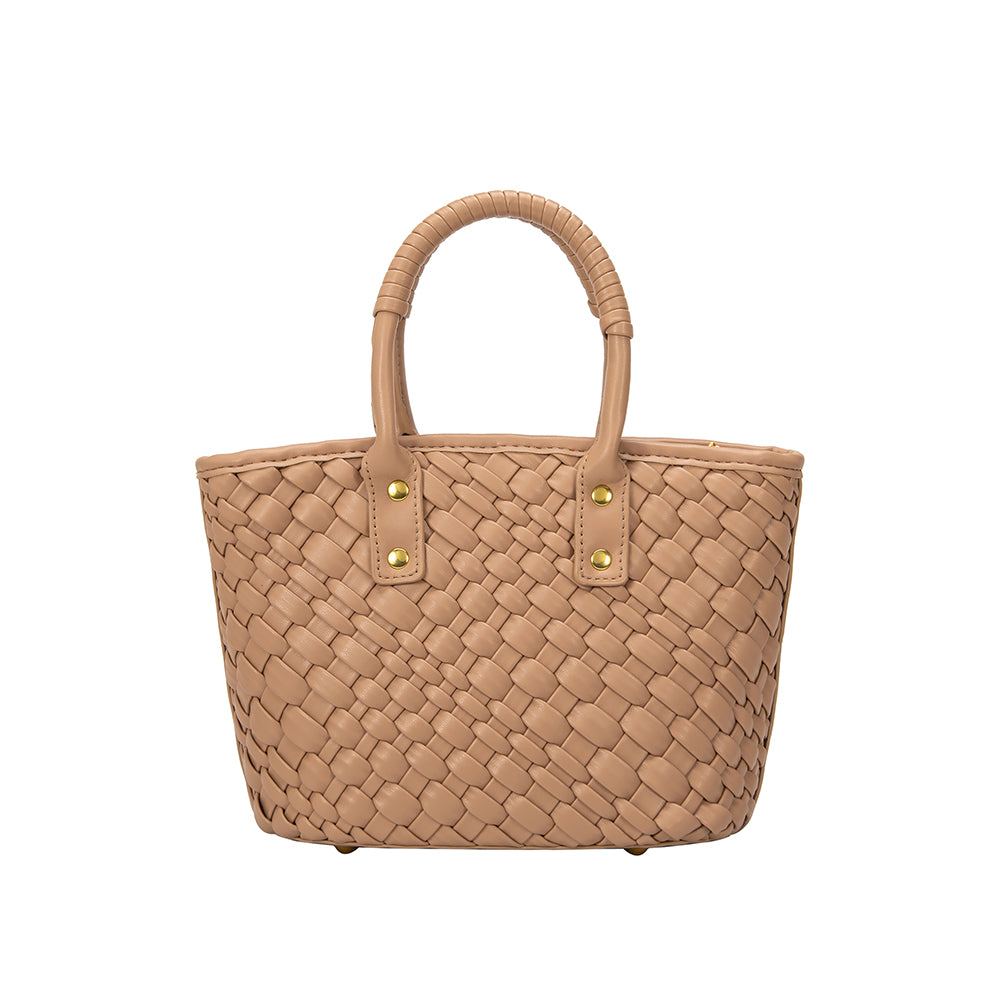 A small tan woven vegan leather crossbody bag with a wrapped handle. 