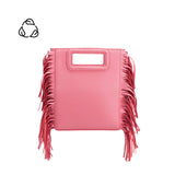 a square structured pink vegan leather crossbody bag with fringe on the side. 