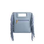 A square structure sky vegan leather crossbody bag with fringe on the side. 