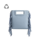 A square structured sky vegan leather crossbody bag with fringe on the side. 