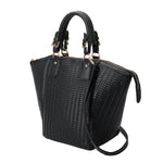 A large black hand woven recycled vegan leather tote bag.