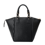 A large black hand woven recycled vegan leather tote bag.