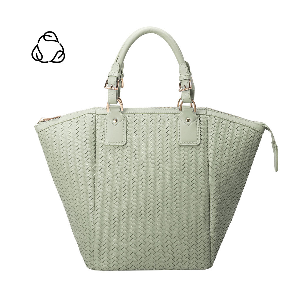 A large mint hand woven vegan leather tote bag.