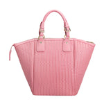 A large pink hand woven vegan leather tote bag.