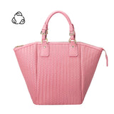 A large pink hand woven recycled vegan leather tote bag.