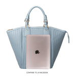 A macbook comparison image for a large hand woven vegan leather tote bag.
