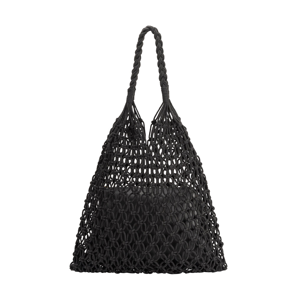 Black Izzy Medium Cotton Woven Bag Shoulder Bag | Melie Bianco