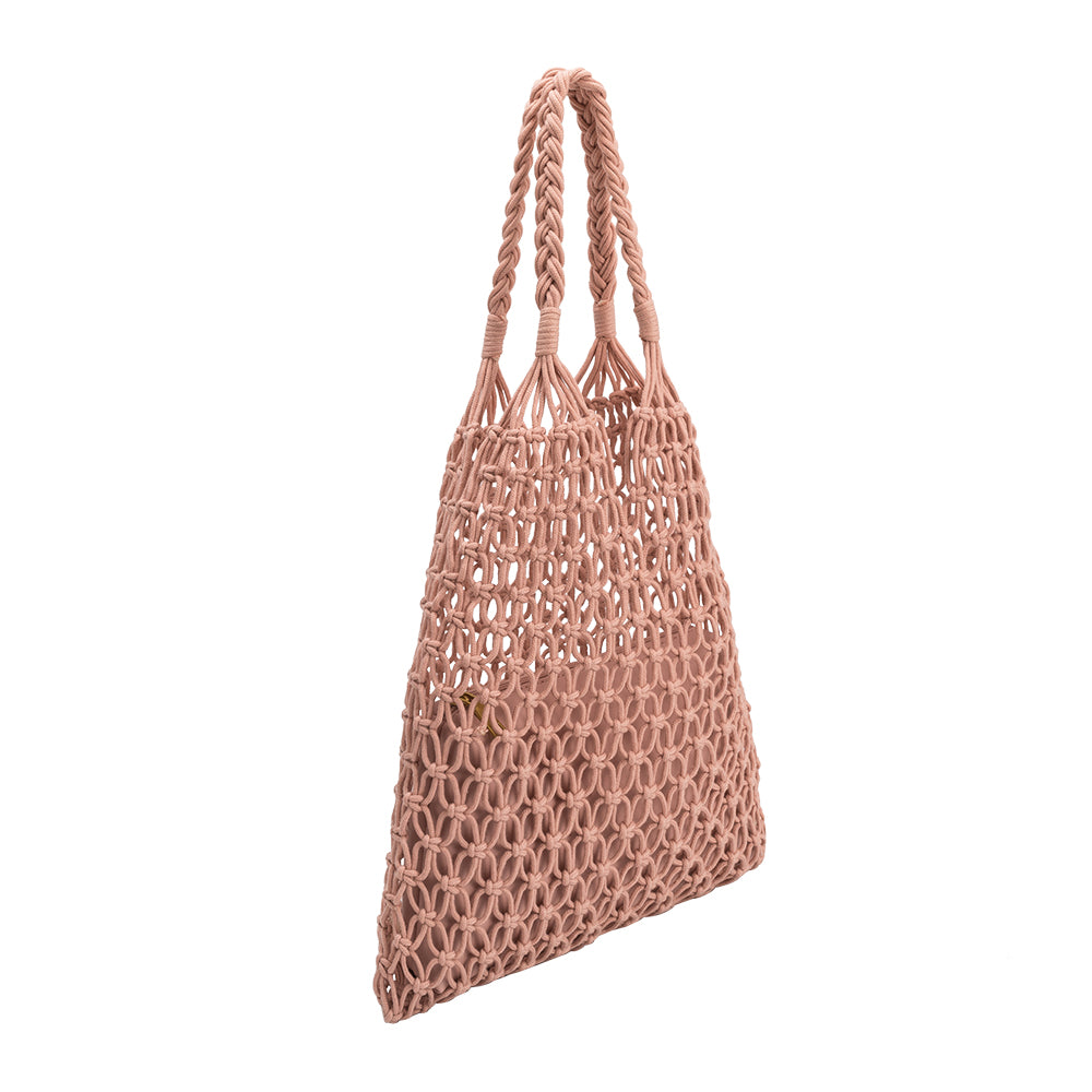 A medium blush crochet shoulder bag with a braided handle. 