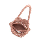 A medium blush shoulder bag with a braided handle and a zip pouch inside.