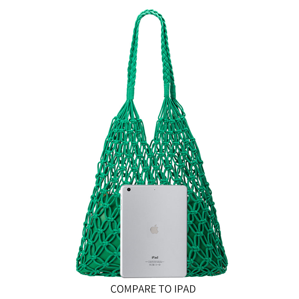 An ipad size comparison image for a medium crochet shoulder bag with a braided handle. 
