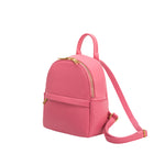 A pink recycled vegan leather backpack with a front zip pocket. 