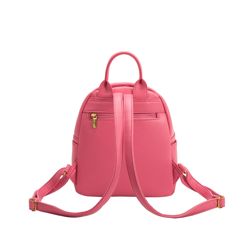 A pink recycled vegan leather backpack with a front zip pocket. 