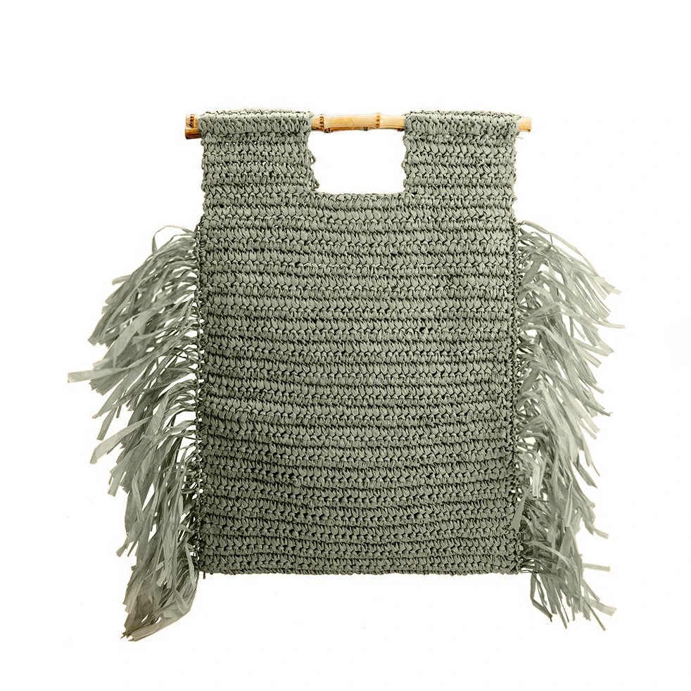Green Casey Large Fringe Straw Top Handle Bag | Melie Bianco