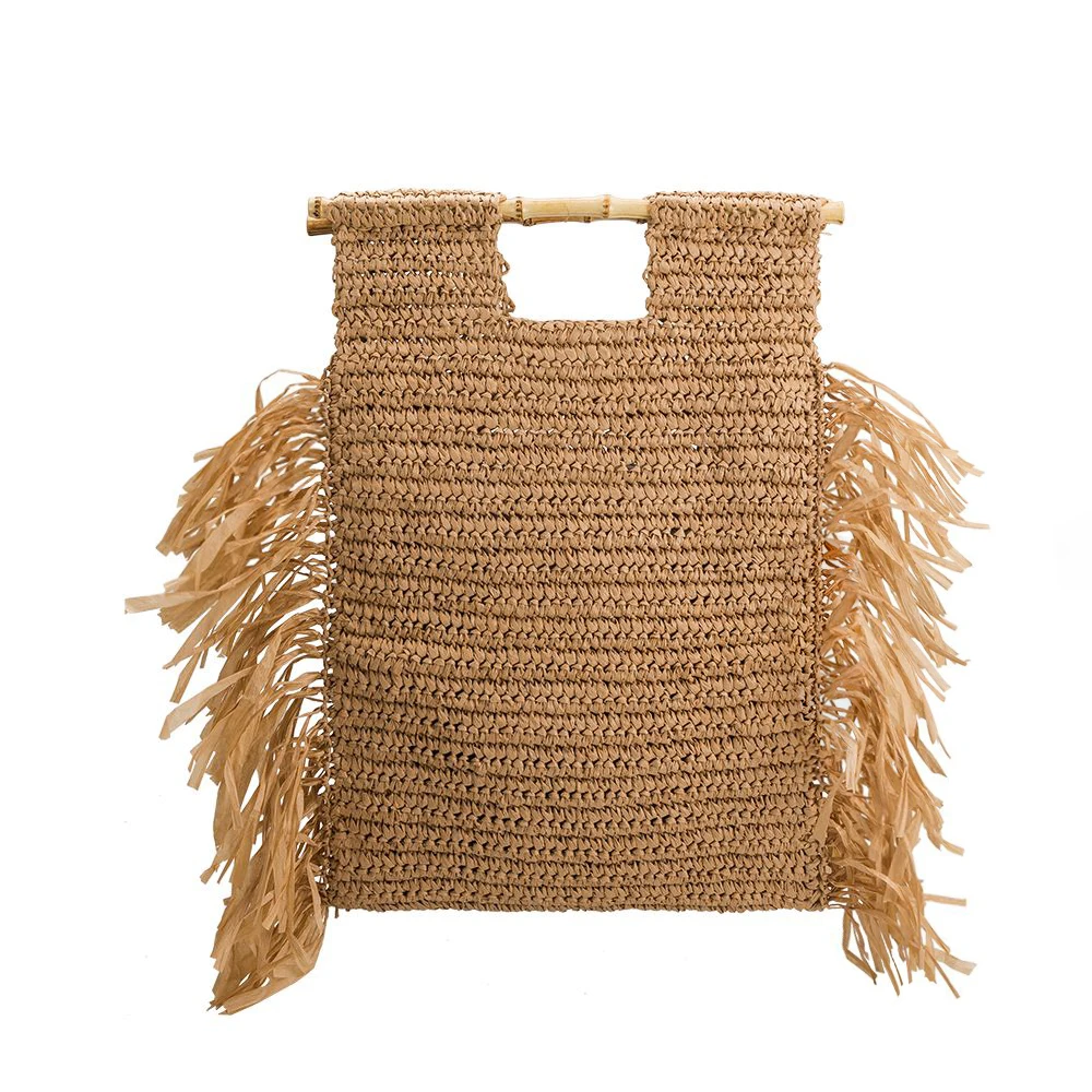 Natural Casey Large Fringe Straw Top Handle Bag | Melie Bianco