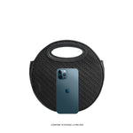 An iphone 12 size comparison image for a circle vegan leather crossbody bag with woven pattern.