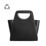 A black woven recycled vegan leather top handle bag.