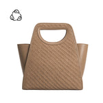 A taupe sqaure woven recycled vegan leather top handle bag.