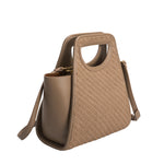 A taupe square shaped recycled vegan leather top handle bag.