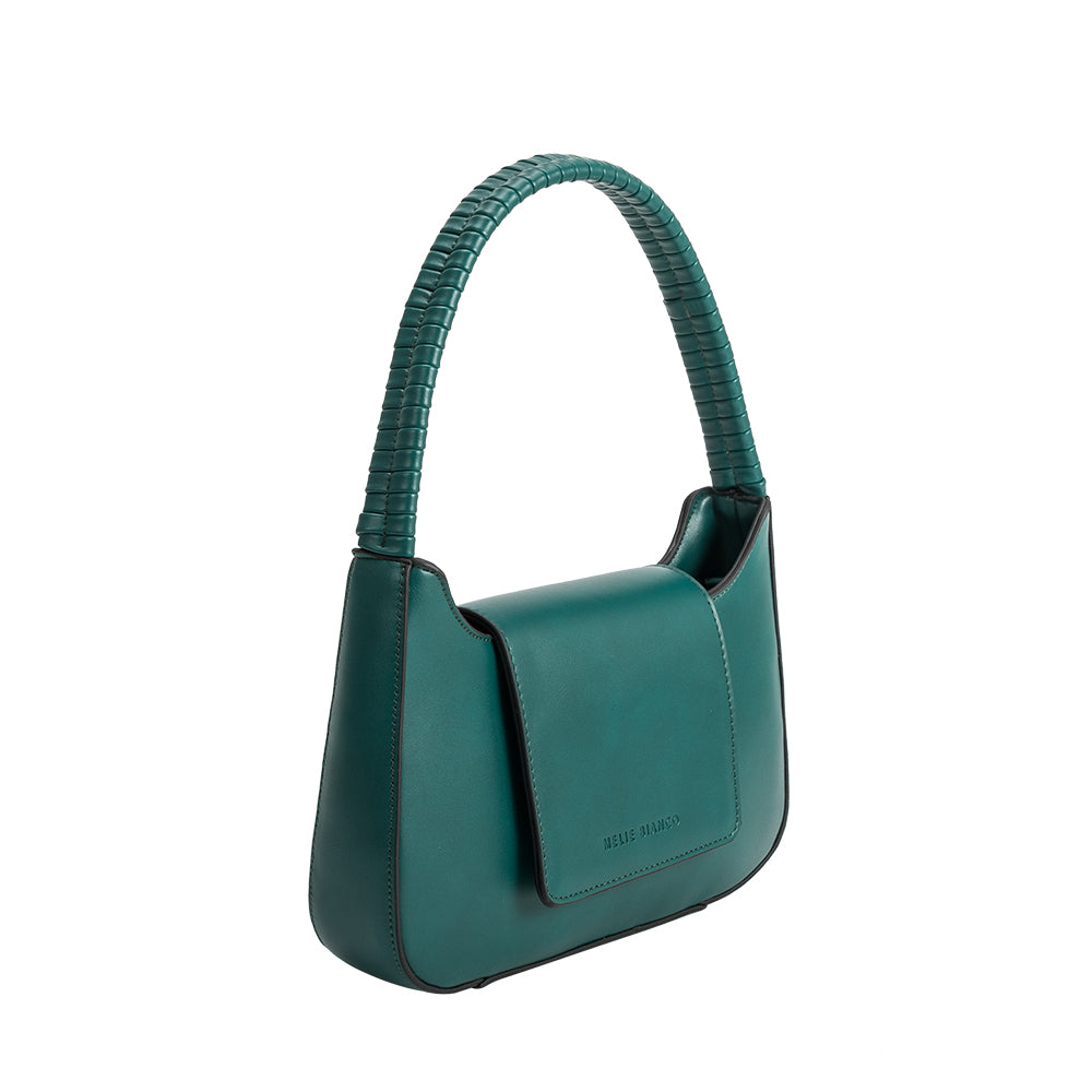 A small jade vegan leather shoulder bag with a wrapped handle. 
