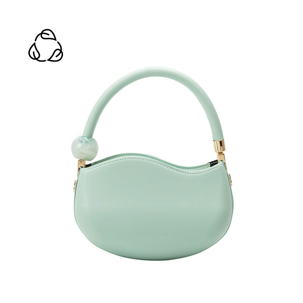 A small aqua structured vegan leather crossbody bag with a pearl accessory.