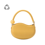 A small yellow structured vegan leather crossbody bag with a marble pearl accessory. 