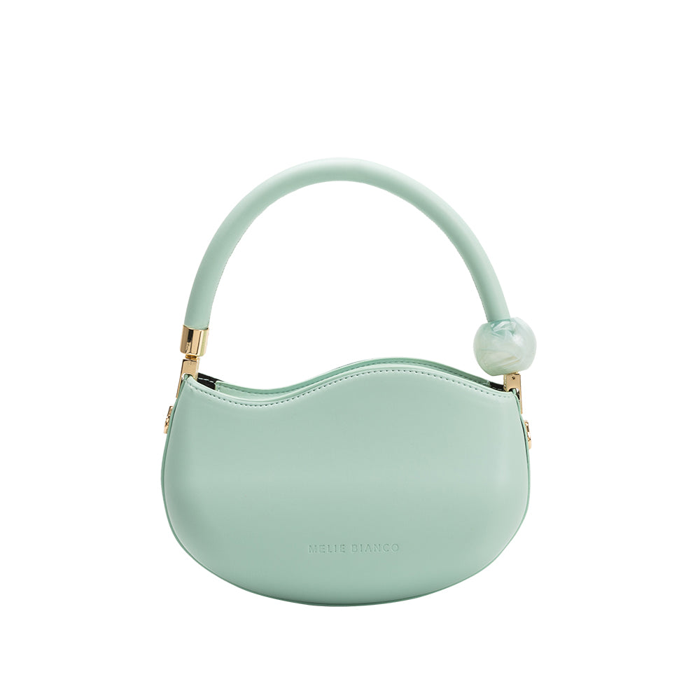 A small aqua structure vegan leather crossbody bag with a marble pearl accessory.