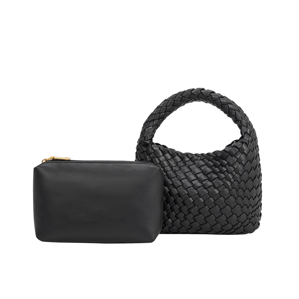 a small black hand woven vegan leather top handle bag with a zip pouch.