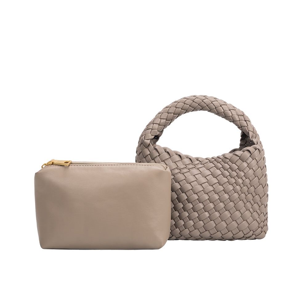 A small taupe hand woven vegan leather top handle bag with a zip pouch.