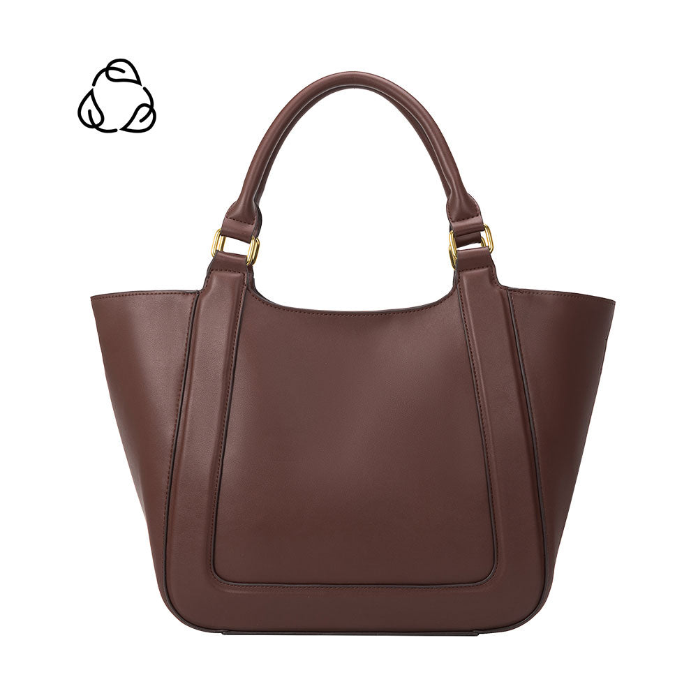 A large chocolate recycled vegan leather tote bag.