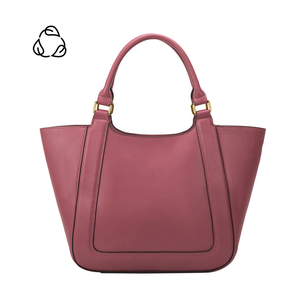 A large mauve recycled vegan leather tote bag.