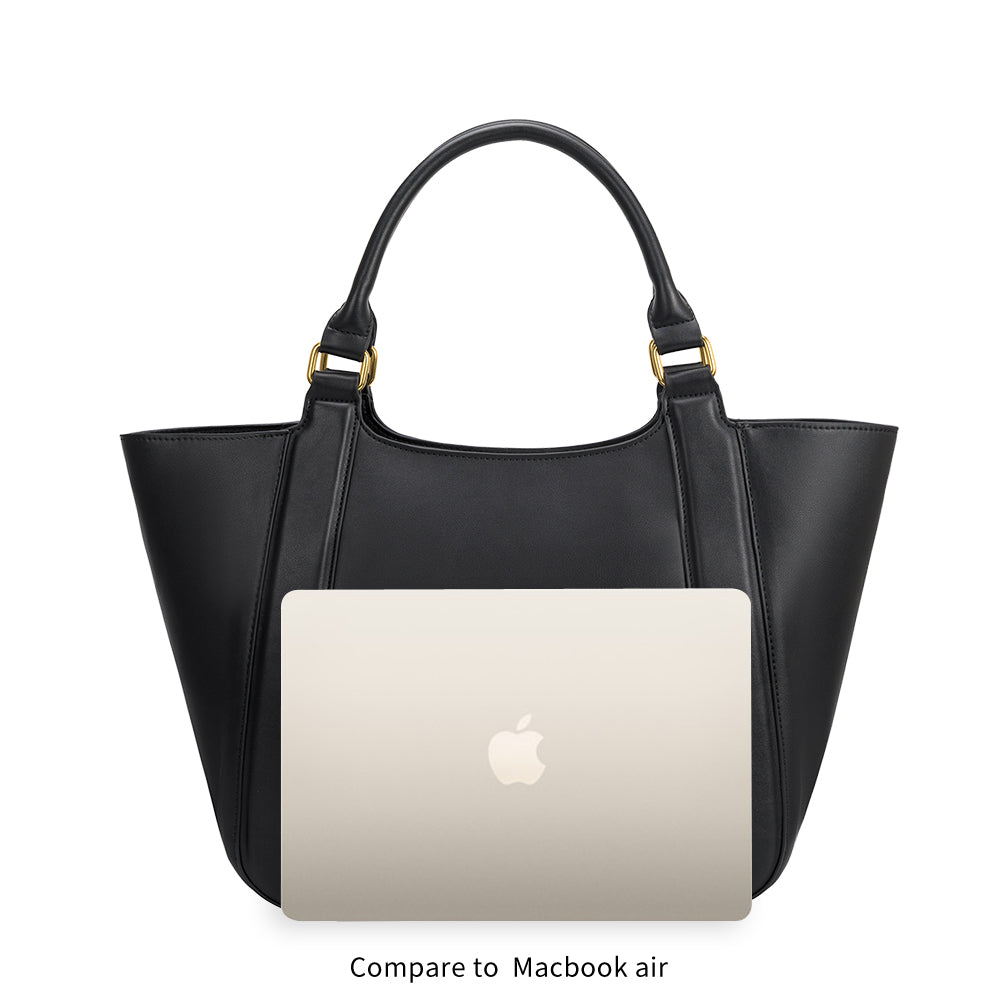 A laptop size comparison image for a large recycled vegan leather tote bag.