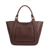 A large chocolate recycled vegan leather tote bag.