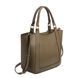 A large olive recycled vegan leather tote bag.