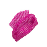 A small fuchsia crystal beaded top handle bag with a flap closure.